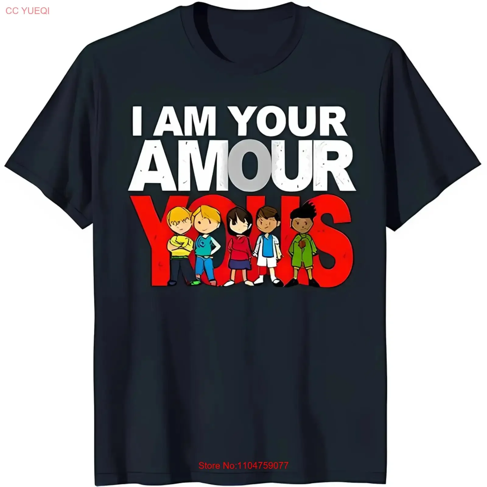 Blue T Shirt with 'I am your amour' 'vous' Diverse Cartoon Design vintage Washed graphic fashion Slightly Comfortable Stylish