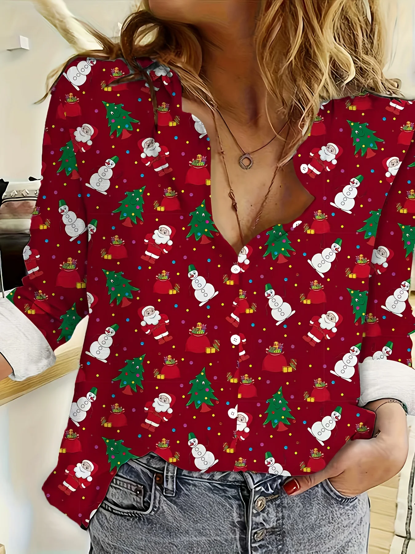 2025 عيد الميلاد المرأة ثلاثية الأبعاد ملابس منقوشة بكم طويل قمصان عادية عيد الميلاد بلوزة للحزب زر متابعة القمم للنساء الملابس في الهواء الطلق