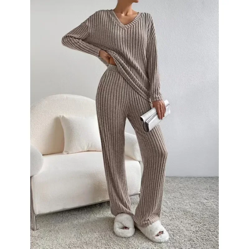 Spring 2024 Autumn New Loose Two-Piece Suit Women Long Sleeve V-neck Pullover Top Mid Waist Pocket Straight Wide Leg Pants Suit