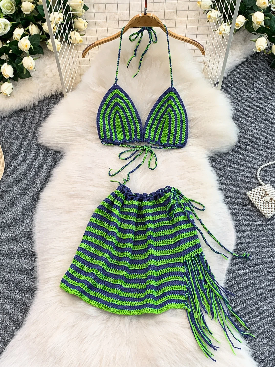

Sexy Knitted Bikini Top And High Waist Skirt Set V Neck BacklessStriped Trim Summer Vacation Fashion Two Piece Women's Suit