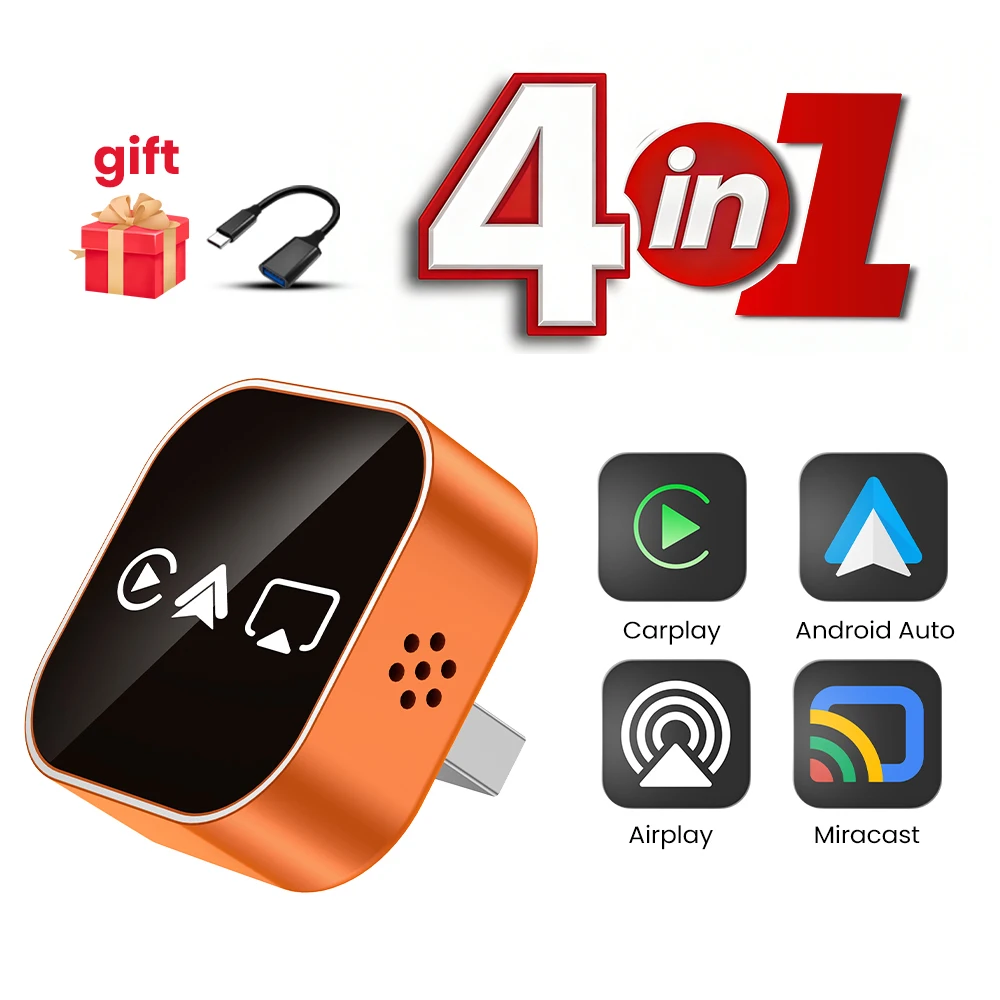 4-in-1 Bedraad naar draadloos CarPlay Android Auto AirPlay Mirror Link Stabiele Bluetooth-adapter voor Audi Benz Toyota VW Nissan Volvo