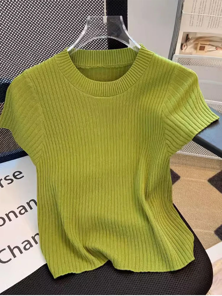 

Summer New T-shirt Women Knitted Tops O Neck Black White Short Sleeve Knit T Shirt Casual Basic Tshirts Ladies Clothes Thin Tees