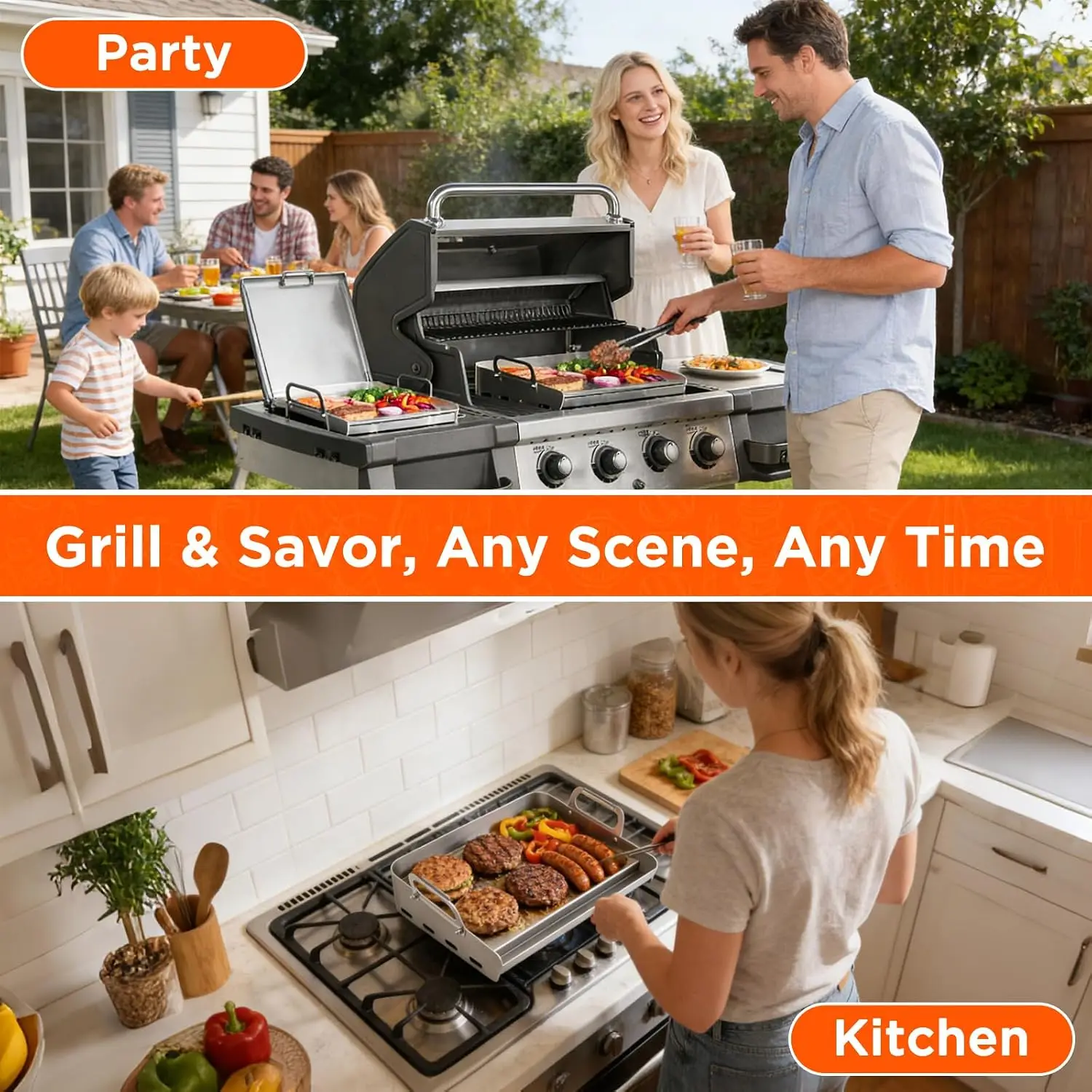 23"x16" Stainless Steel Flat Top Griddle for Gas & Charcoal Grills, Universal for Outdoor Cooking, with Grease Groove & Removable Handle view 5