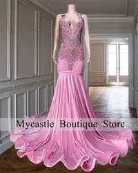 Luxury Pink Velvet Rhinestones Prom Dresses 2024 Black Girls Beaded Crystals Birthday Party Gowns Mermaid Evening Dresses