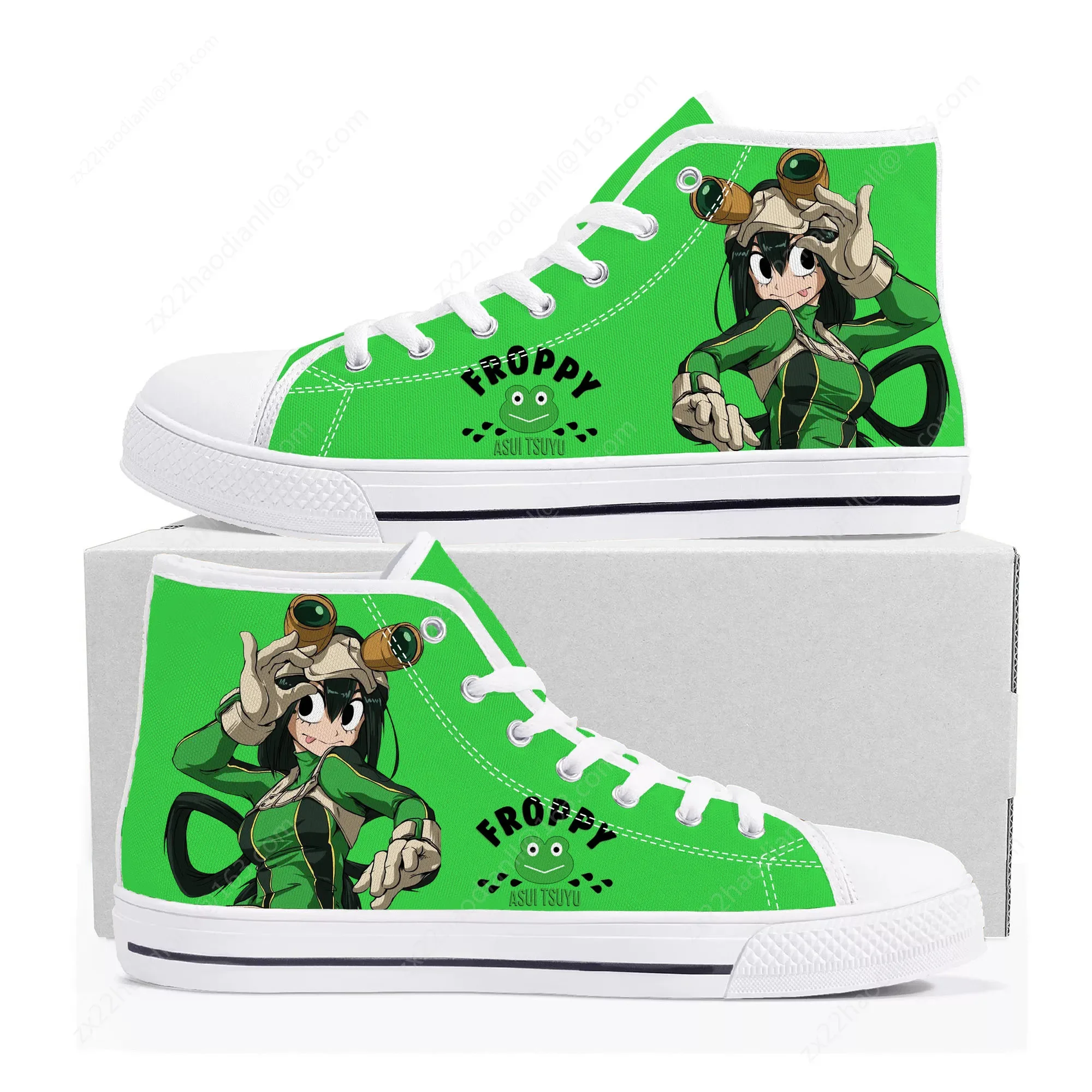 Hot Anime Cartoon Asui Tsuyu High Top Sneakers My Hero Academia Mens Womens High Quality Canvas Sneaker Couple Shoes Custom Shoe