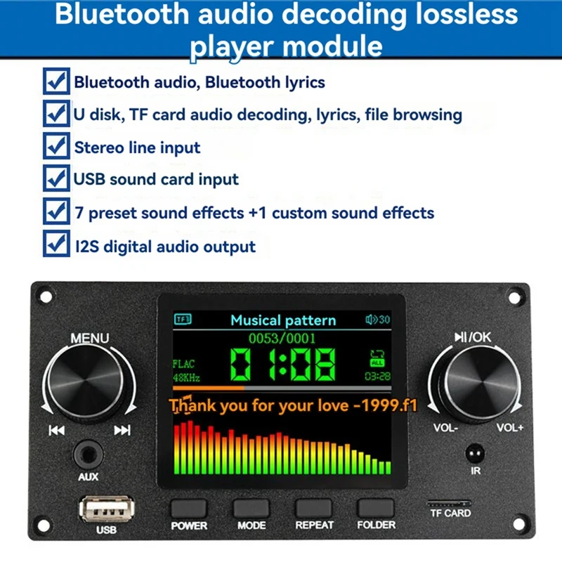 

2.8 Inch TFT Color LCD Lossless MP3 Decoder Board Bluetooth 5.3 Stereo Audio FLAC WAV APE Decoding USB TF MP3 Black-A75P