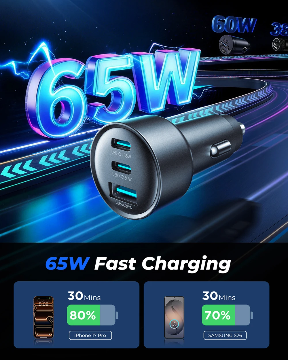 Joyroom 65W USB C Car Charger, PD 3.0 QC 3.0 USB Type-C Fast Charging Adapter for iPhone 17/16/15 Samsung Xiaomi