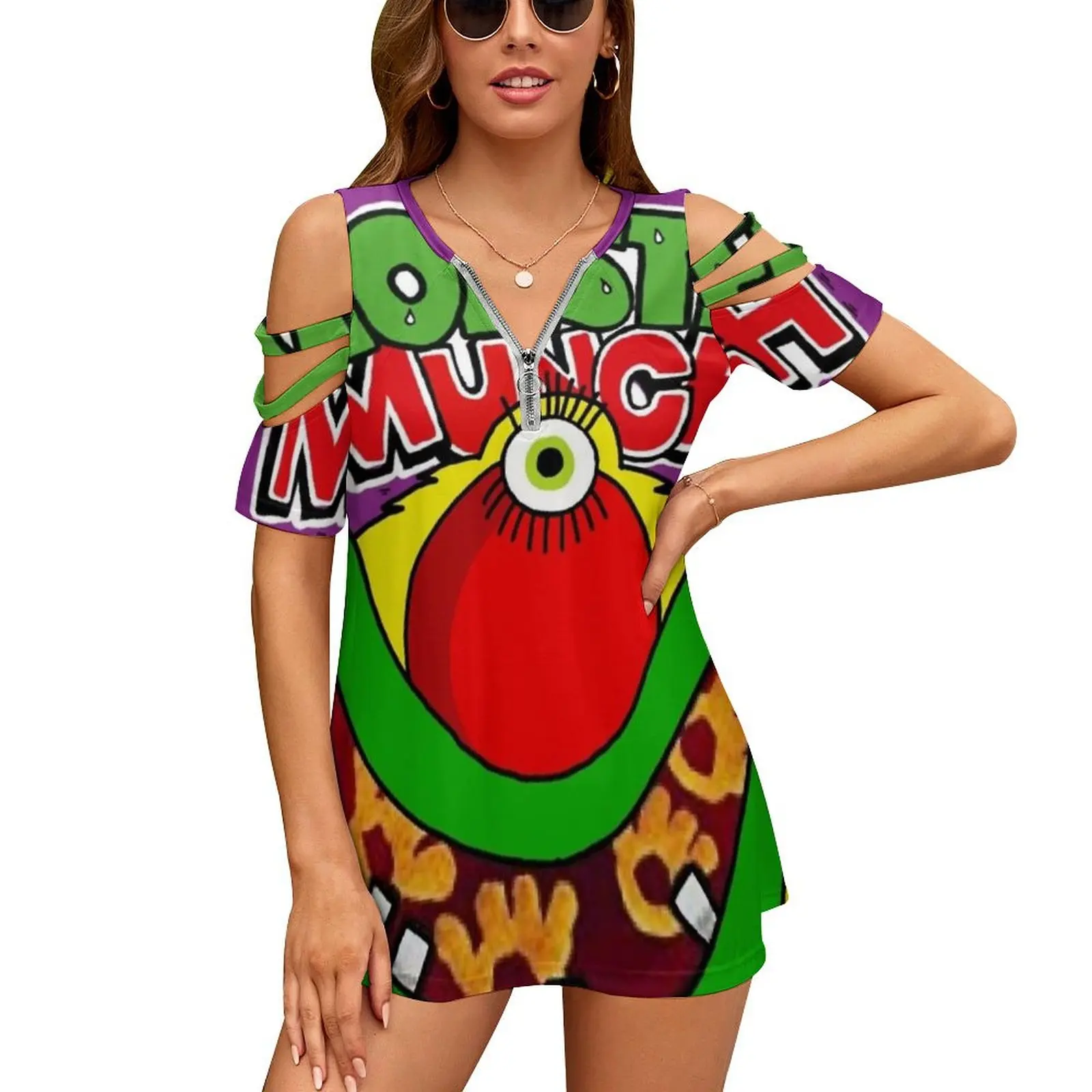 Monster Munch Eingelegte Zwiebeln Frauen Zipper Sexy Gedruckt Vintage T Shirts Tops Volle Druck T-Shirt Crisps Monster Munch Retro 80S