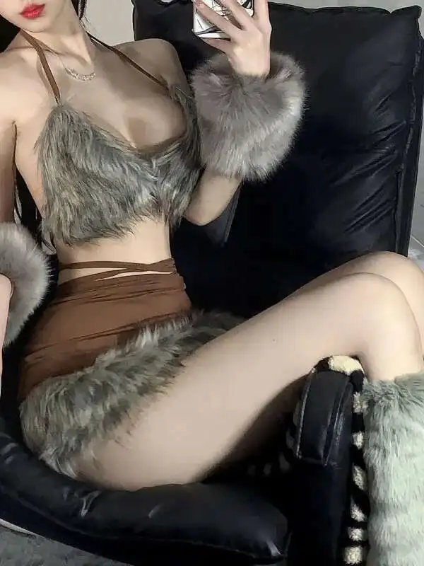 Lingerie Sexy chat en peluche épissage col suspendu fesses tentantes robe de jeu de rôle courte élégante mode débardeur Mini robe haut V52