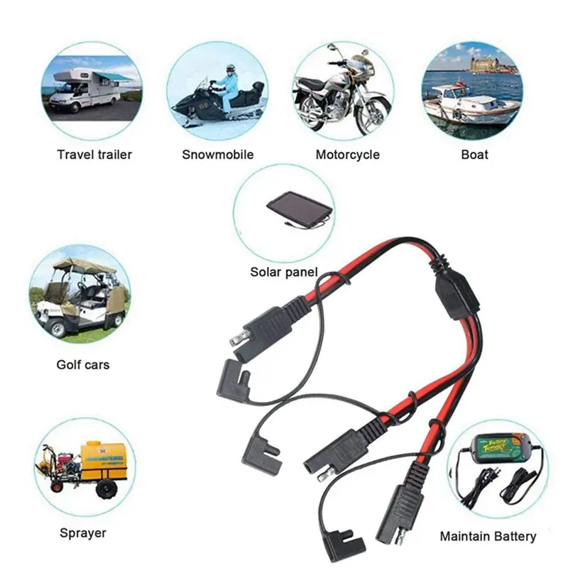 【SURPISE】4X SAE Splitter Adapter 14AWG SAE DC Power Automotive Connector Cable Y Splitter 1 To 2 SAE Extension Cable With Cover