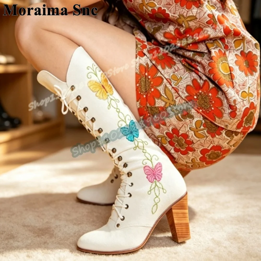 Trending Knee High White Flock Embroidery Boots Thick Heel Shoes For Women Cross Tied Round Toe 2026 Fashion Zapatos Para Mujer
