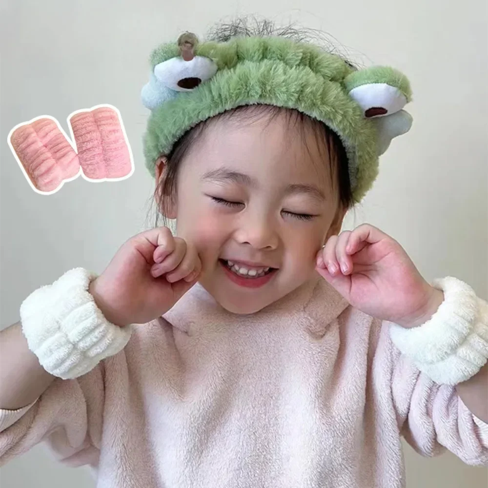 Kid Moisture-proof Plush Wrist Strap Face Washing Headband Cute and Sweet Style Breathable Cuffs Absorbent Headband Paired Set