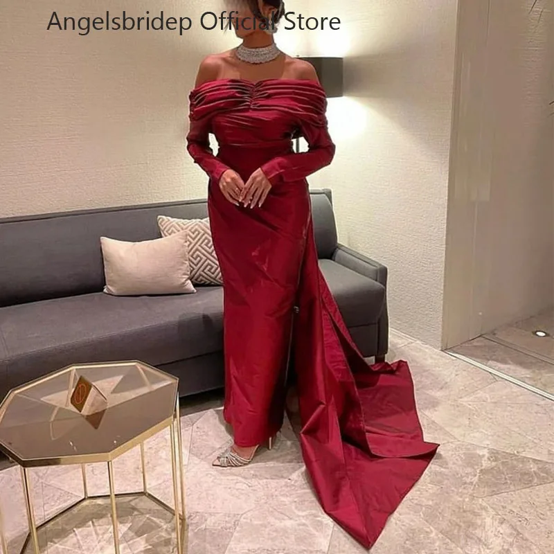 

Angelsbridep Long Off Shoulder Burgundy Evening Dress With Train Muslim Mermaid Floor Length Robe De Mariée Party Gown For Women