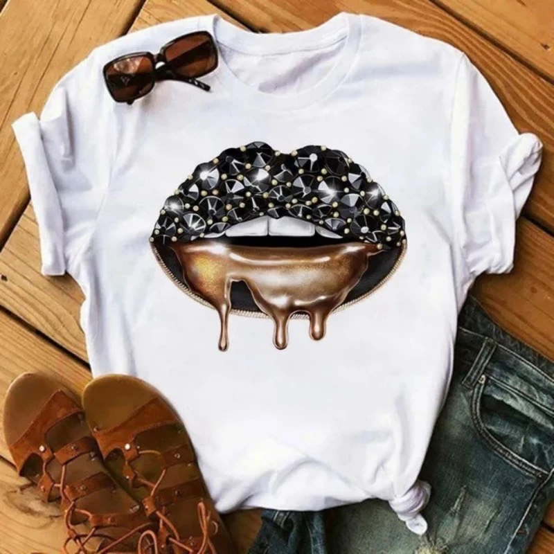 New Women Pink Lips Leopard Graphic T Shirt Casual Fahion O-neck Sexy Black Tees Kiss Lip Funny Girls Tshirt,Drop Shipping