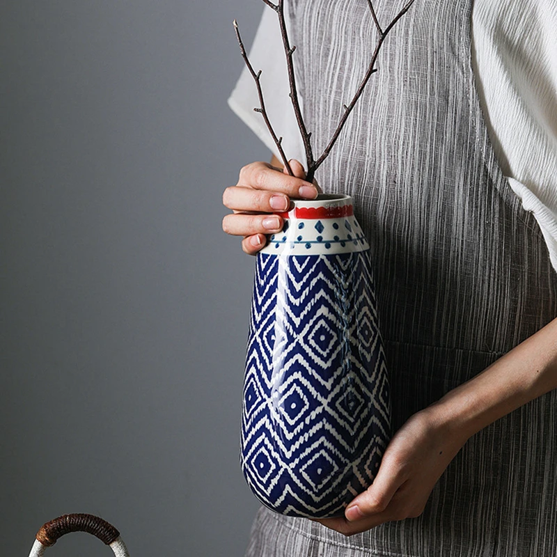 

9.5 Inch Blue Ceramic Vase with Knit Pattern, Home Decorative Centerpiece Desktop Flower Vase