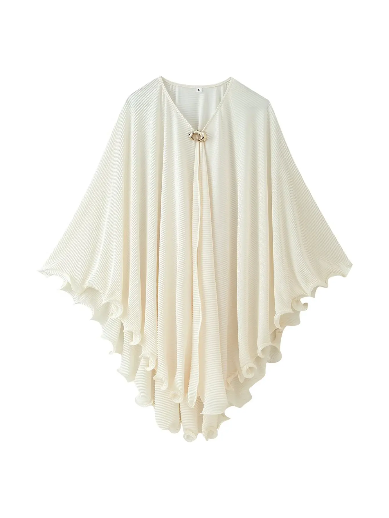 

Women Beige Pleated Chiffon Poncho Blouse V-Neck with Gold Clasp Detail & Ruffled Hem Capes