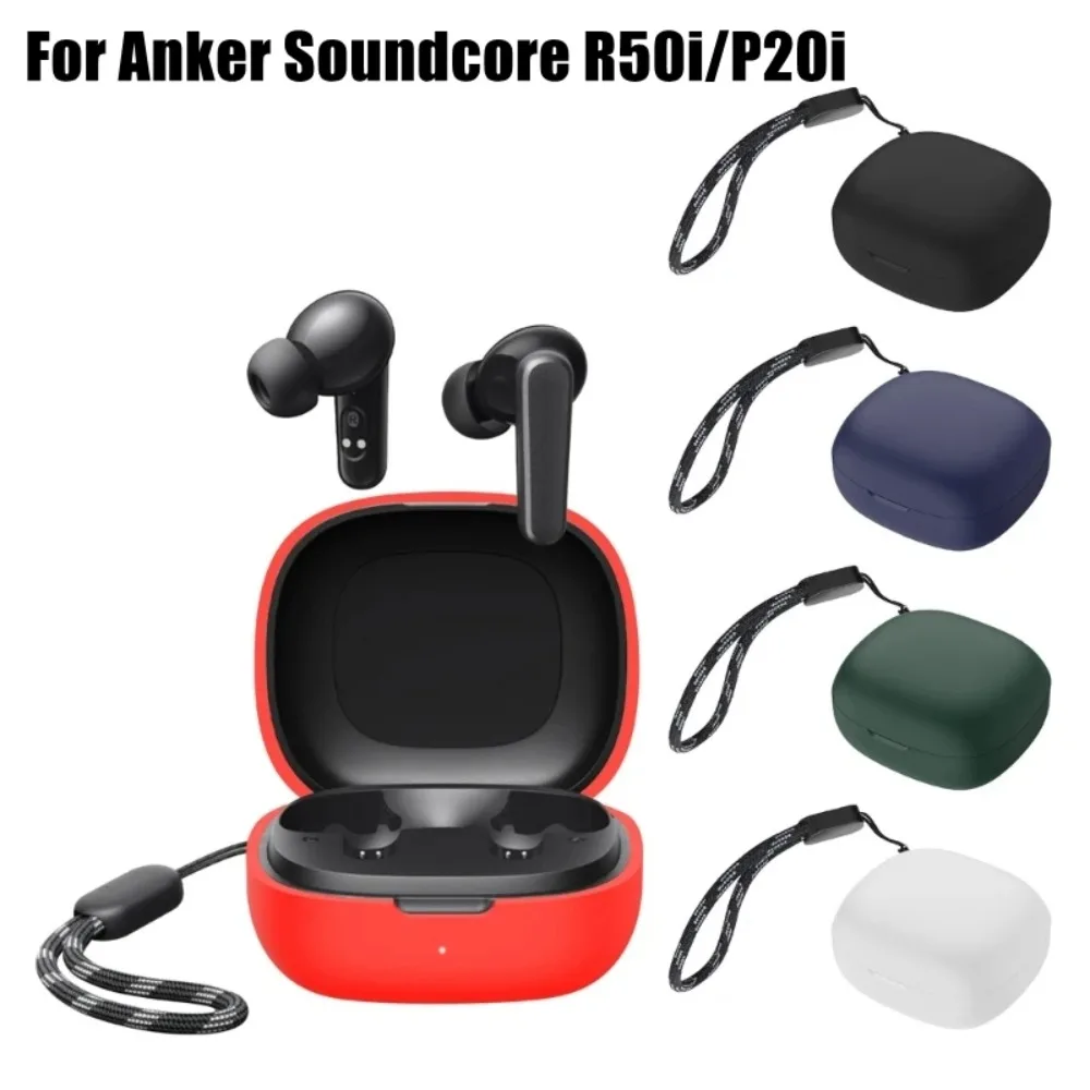 with Hanging Rope Silicone Case Dustproof Anti-fall Buds Cover Washable Soild Color for Anker Soundcore P20i/R50i