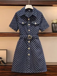 Rhombus Print Single-breasted Denim Dress 2025 New Summer Short Sleeve Turn Down Collar Fashion Casual Knee Blue Dreses Robes