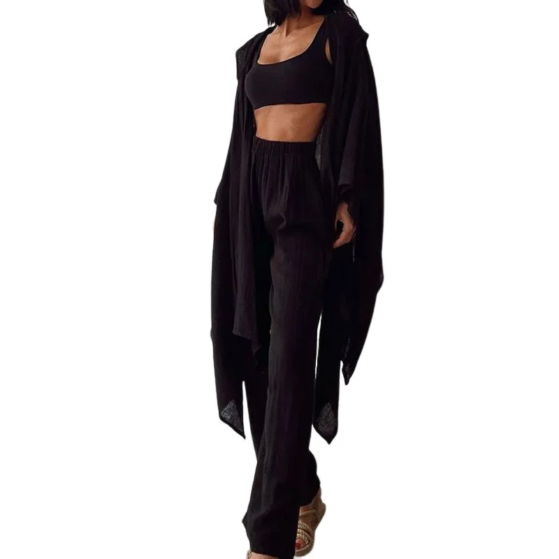 Women Tracksuit Cardigan Blouses Pant Sets Long Sleeve Wide Leg Pants Pockets Casual Slight Strech Loose Ankle Length Flat