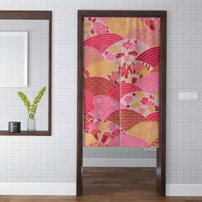 Japanese Wave Geometric Cherry Blossoms Door Curtain Partition Curtain for Kitchen Study Bathroom Entrance Hanging Half-Curtain