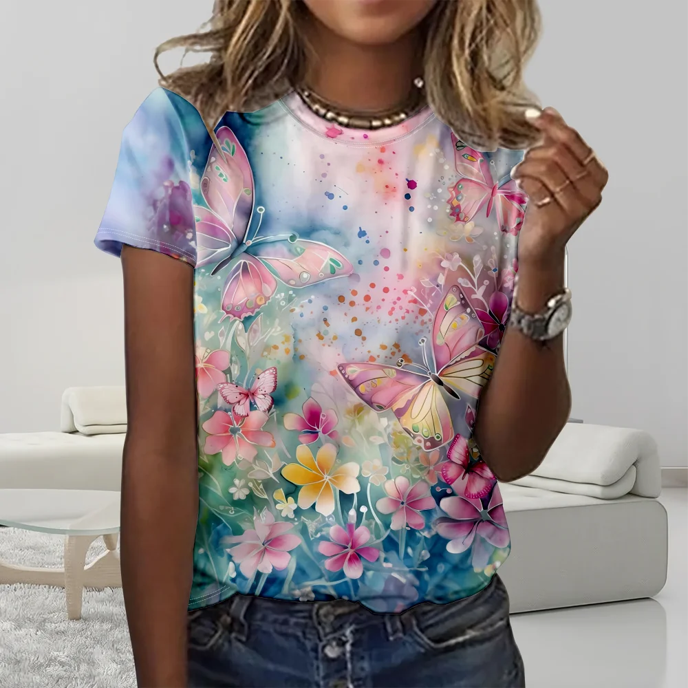 Summer T Shirt Women Butterfly Short Sleeve Flora T-shirt Fashion Tee Top Oversize Shirt O-Neck Basic Top Casual Clothes Blusa