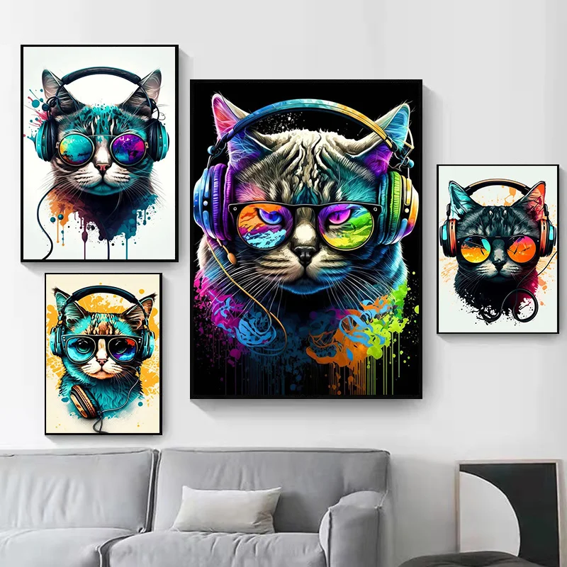 Abstract Cool Cats Headphone Dj Music Poster And Prints Canvas Painting Animal Wall Art Pictures for Living Room Home Decor