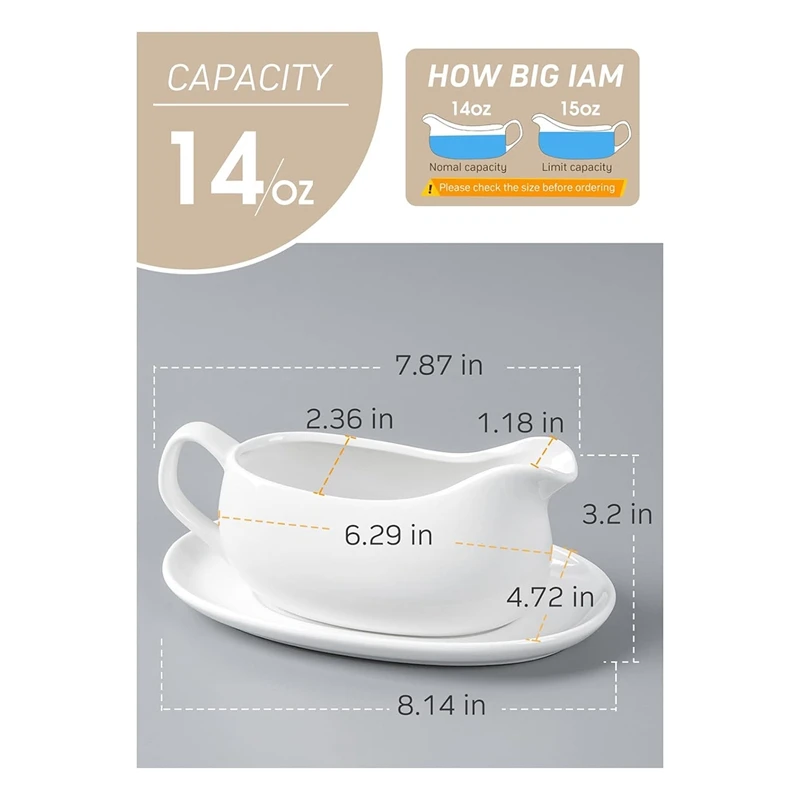 Gravy Boat And Saucer 14 Oz,Ceramic Sauce Boat With Tray For Salad Dressings Milk,Warming Sauces,Creamer,Broth,White