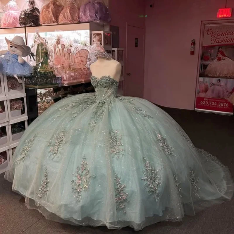 Customized Shiny light green Off Shoulder Quinceanera Dress Tull Lace layering 3D flower applique vestidos de 15 Quinceanera