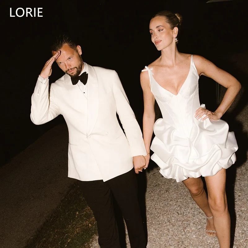 ローリー エレガント ショート ウェディングドレス A ライン フリル V ネック スパゲッティ ストラップ 花嫁 プロムドレス セクシー ブライダル ガウン カスタマイズ