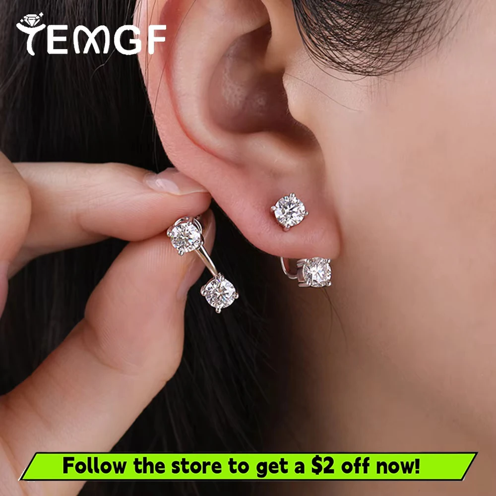

TEMGF 5mm Moissanite Ear Studs With GRA 925 Sterling Silver Holder 2 in 1 Pierced Design for Women Fashion Fine Jewelry 2CT/Pair