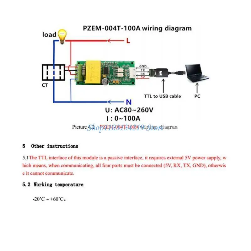 

N5KC PZEM-004T Version Communication Module TTL Modbus-RTU AC Single Phase 100A with Housing Software Mutual Inductor