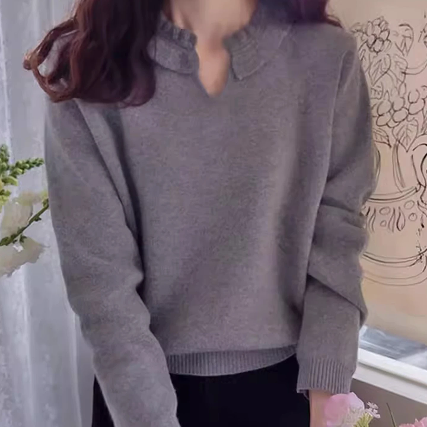 Macio e aconchegante emenda orelha de madeira cor pura camisola de malha feminina ajuste solto outono inverno versátil malha superior anti-envelhecimento