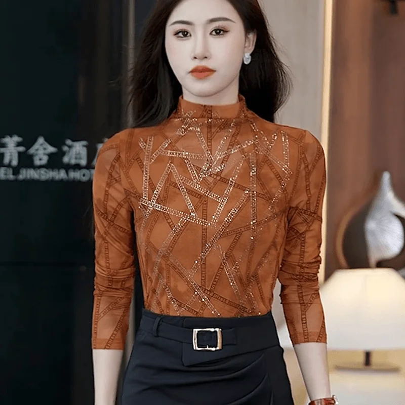 Light Luxury Mesh T-shirt for Women 2024 Autumn New Style Long Sleeved Rhinestone Fashion Slim Fit Top