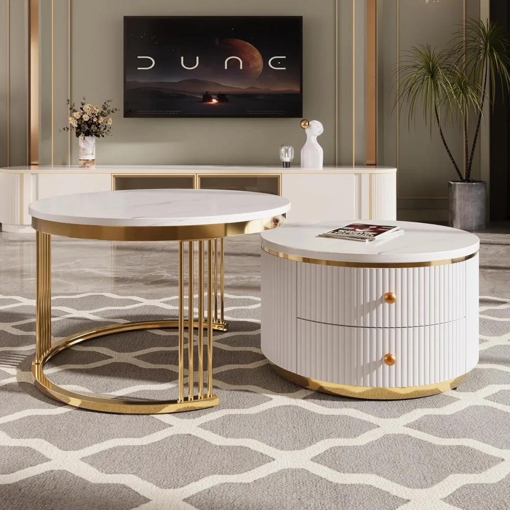 

Modern White Round Nesting Coffee Table Set with Drawers and Gold Legs for Living Room