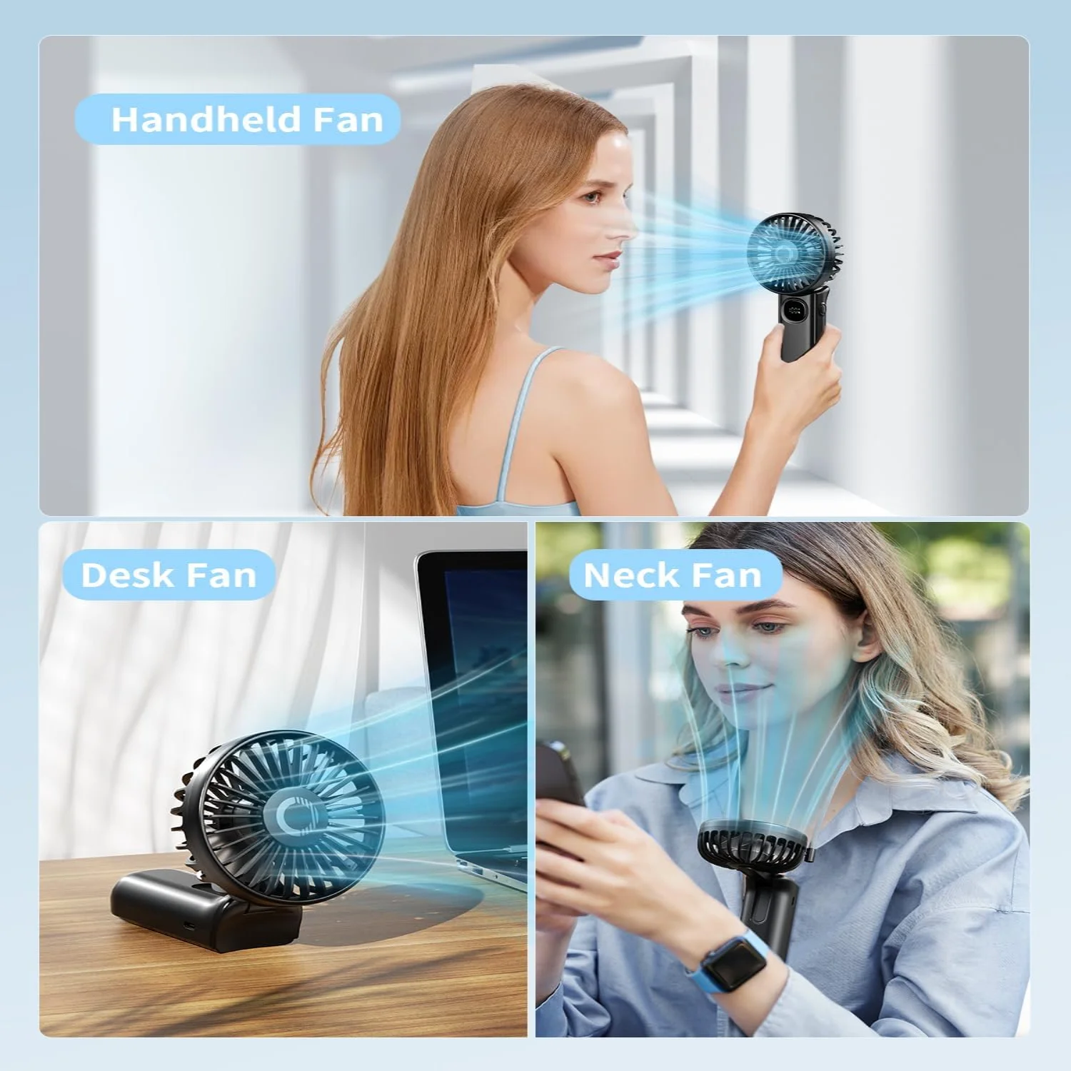 مروحة محمولة، مروحة محمولة قابلة للطي مع شاشة LED، مروحة محمولة صغيرة تعمل ببطارية 2400 مللي أمبير في الساعة، محمولة/رقبة/مكتب 3 في 1 لكل