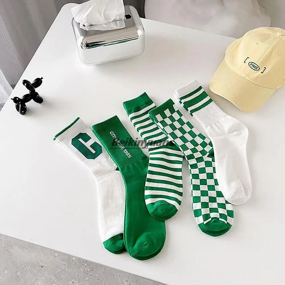 Green socks women's cotton socks ins tide online celebrity wearing Korean letter stockings spring and autumn stockings