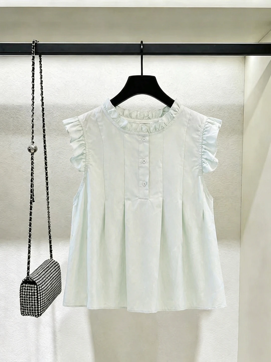 

Elegant Summer Shirt with Wooden Sleeves Commute Style Women's Slimming Top Korean Version Straight Cut Silk Blend