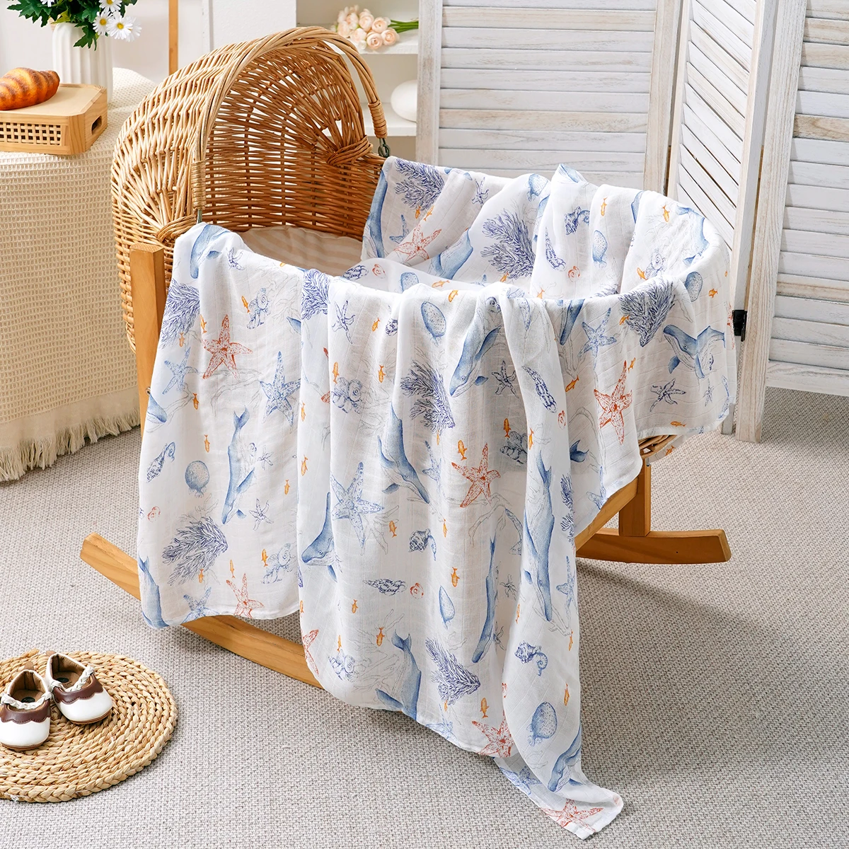 Happyflute 120x110cm Bamboo Cotton Baby Muslin Swaddle Blanket Cute Soft Print Baby Towel Wrap Comfortable Newborn Wrap Blanket