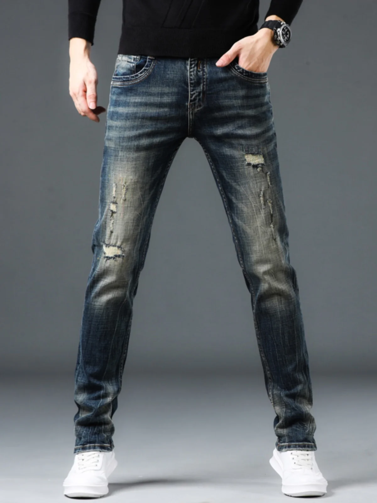 

Retro Waed Men's Jeans Spring Autumn New Sle Distred Patch Slim Straight Casual Cotton Stretch Denim Youth Faion