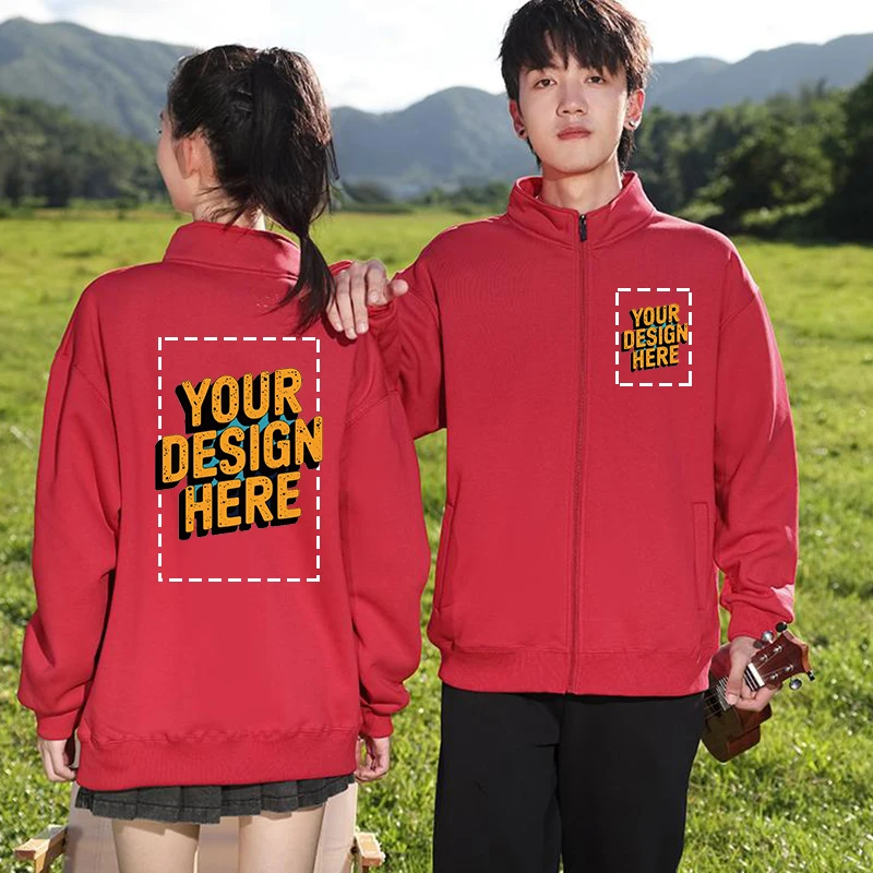 맞춤형 로고 봄 가을 조커 젊은 남성용 솔리드 긴팔 지퍼 카라 가디건 여성 스웨트셔츠 상의