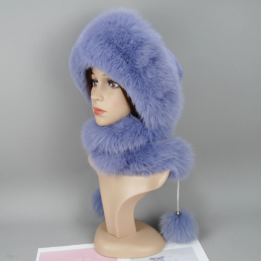 Women's Real Fox Fur Hat Scarf Mongolian Bomber Hat Ladies Winter Warm Fox Fur Earflap Caps Russia Winter Real Fur Hat