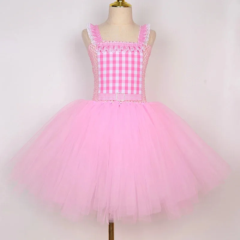 Vestido tutú de ballet Barbi a cuadros de color rosa para niñas, disfraces de fiesta de cumpleaños para niños, traje de princesa de Navidad y Año Nuevo con lazo
