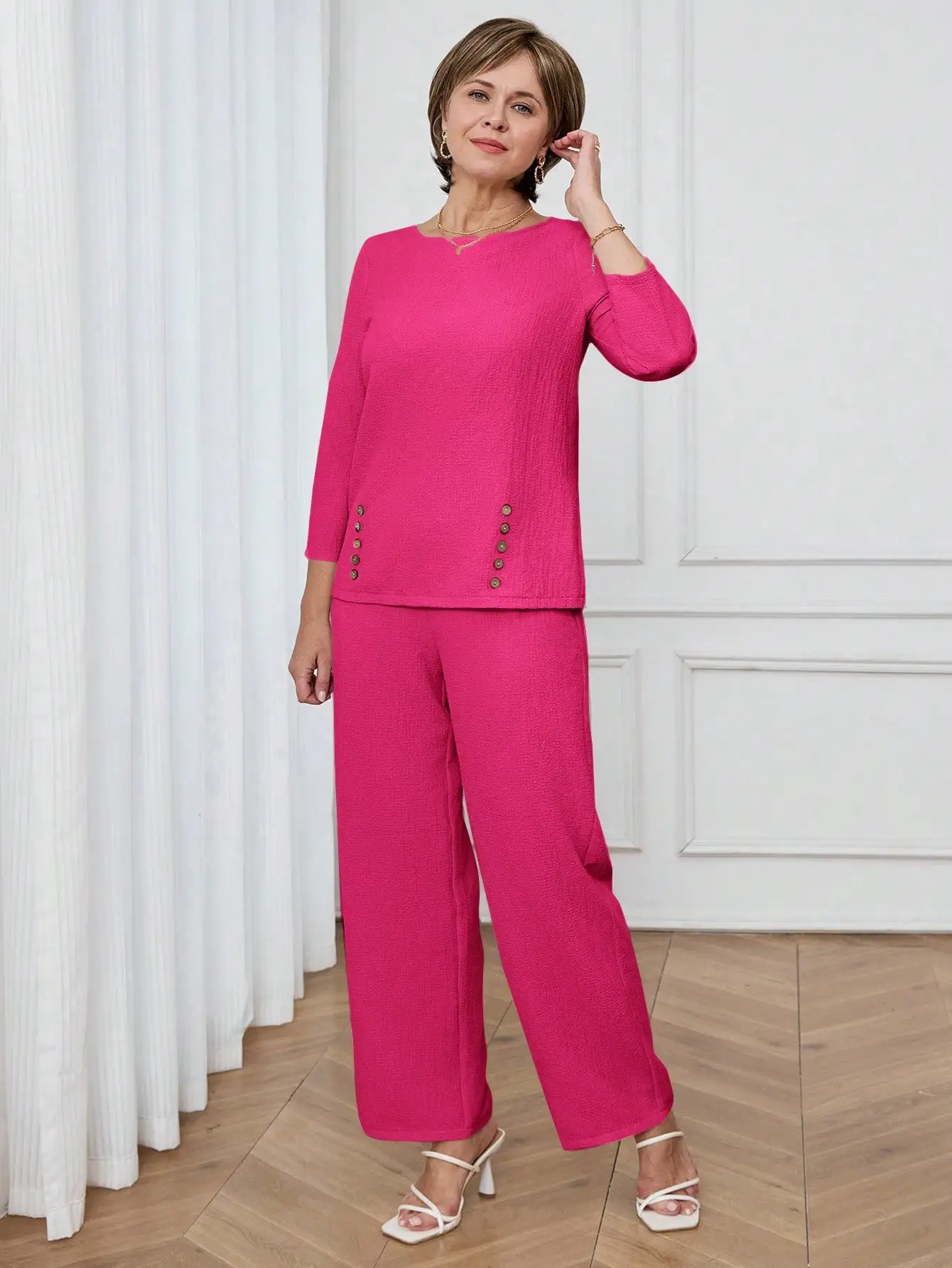 

Women 2 Piece Casual Solid Color Shirt And Wide Leg Pants Set