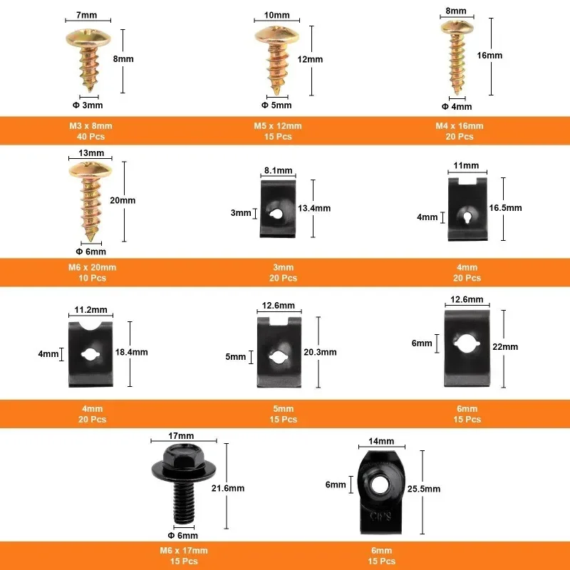 200Pcs Screws U-clips Set U-type Spring Nut Clamp Nuts Car Body Fender Clip Bolts Set Mudguard Screws Hardware Tools M3 M4 M5 M6