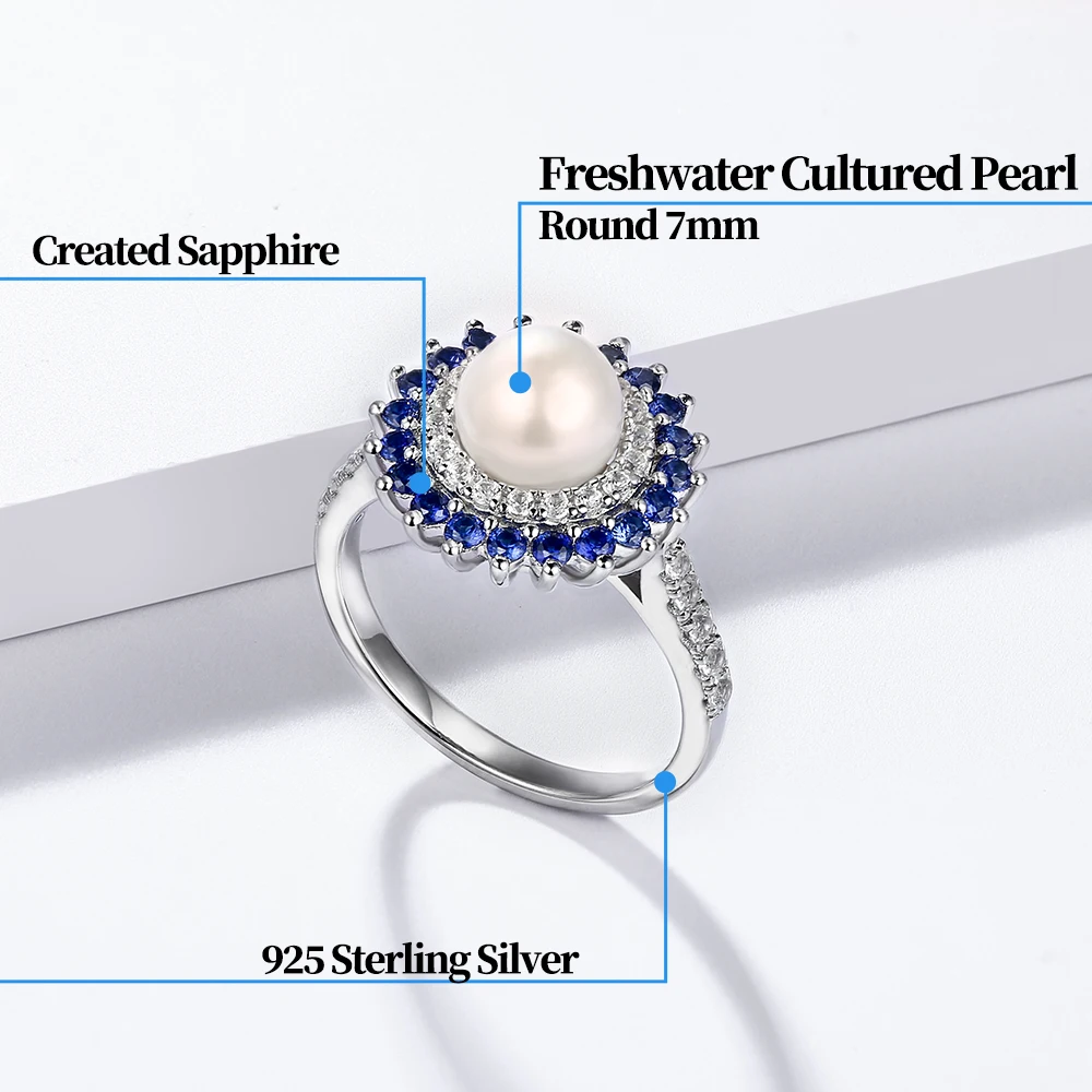 CHARMING Elegant Natural Freshwater Pearl Sapphire Round Pearl 925 Sterling Silver Women's Ring Wedding Gift Jewelry Anniversary