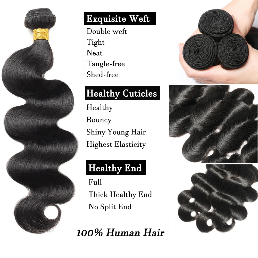 Body Wave Human Hair Bundles 12A Unprocessed Brazilian 100% Human Hair Extensions 100g/pc Bundle For Women Natural Black
