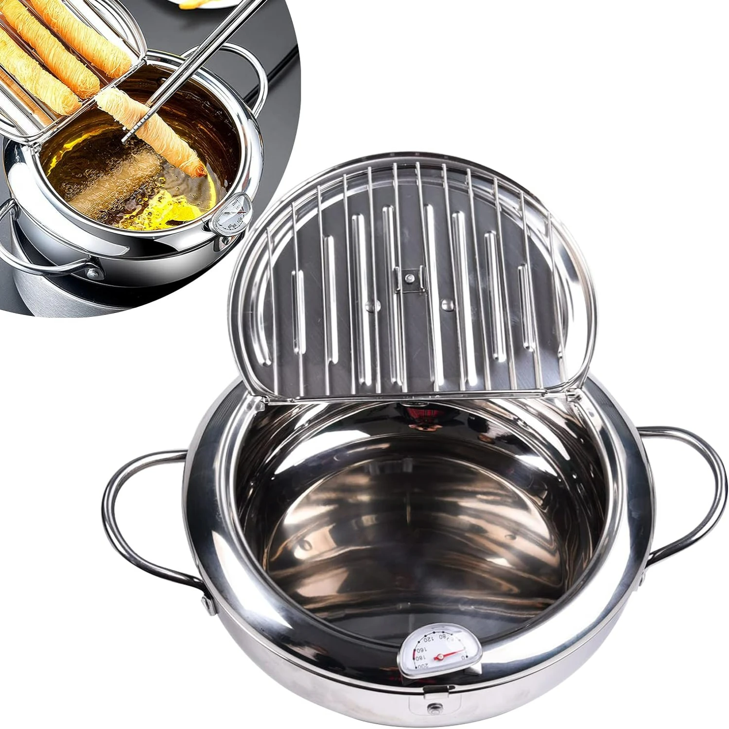 Enhance Your Cooking with Japanese Style 24cm Stainless Steel Tempura Frying Pan. Achieve Crispy Perfection Every Time. Includes