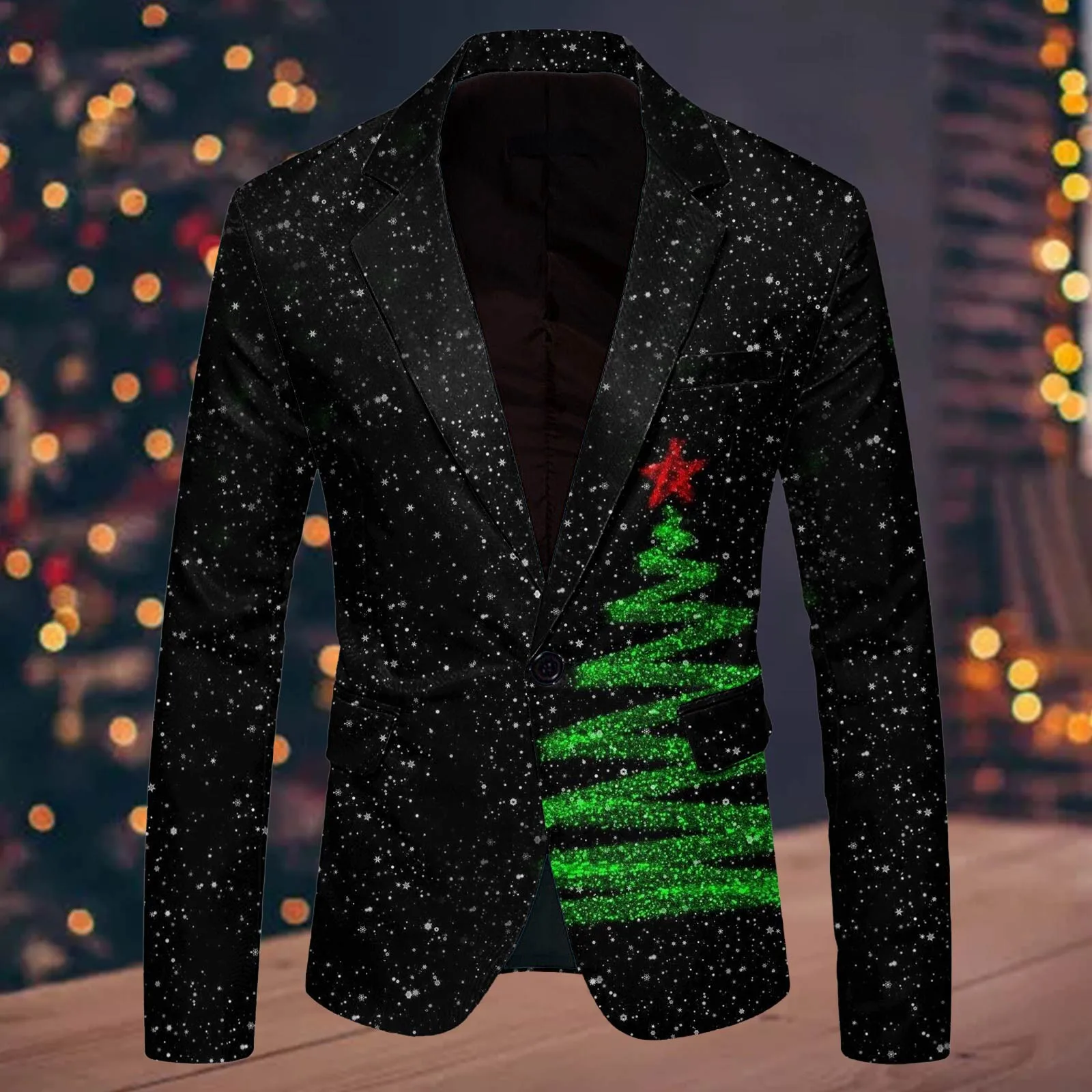 Men\'S Single One Button Christmas Printed Casual Suit Jacket Fashionable Mens Fashion Leisure Christmas Printed Pocket Suit