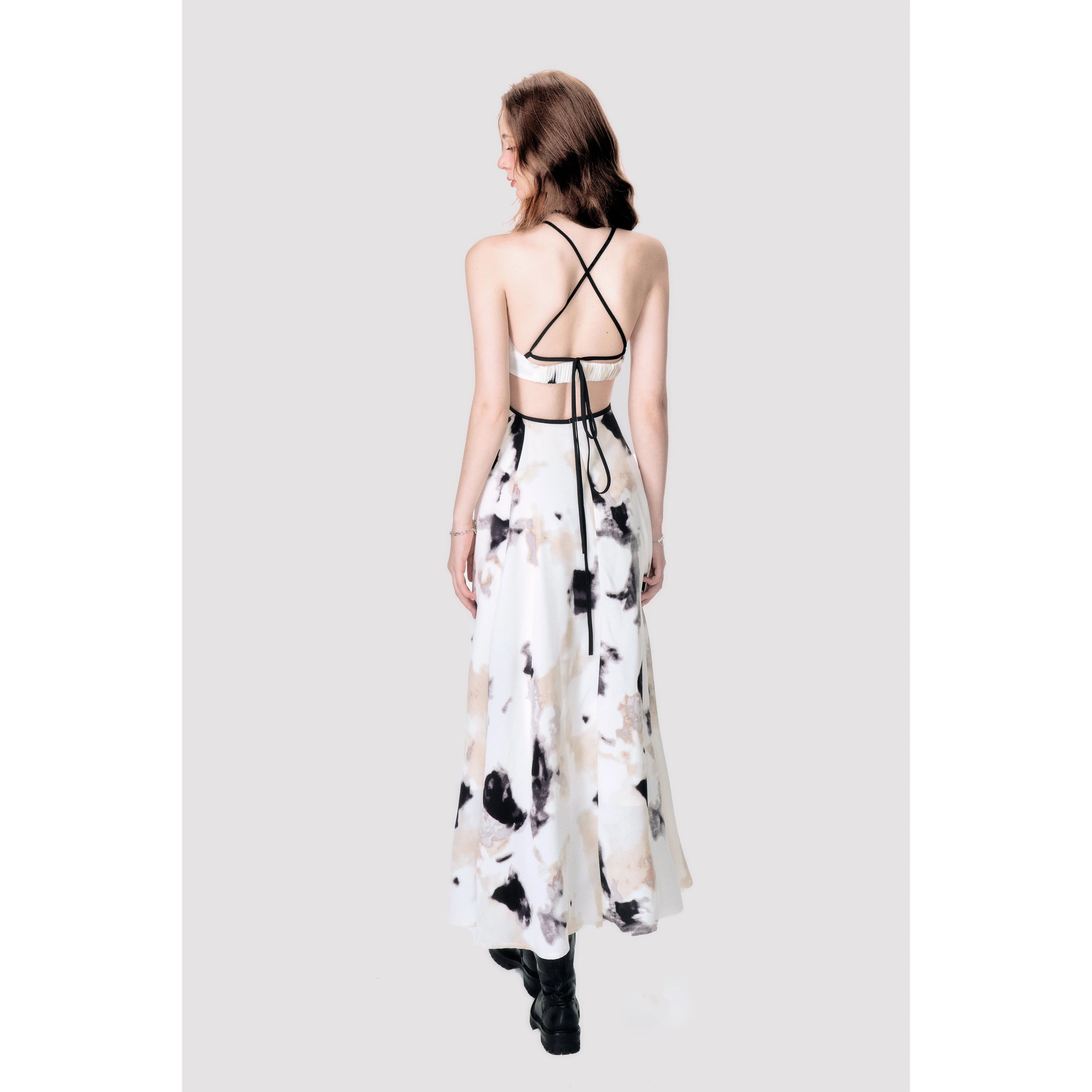 

Original Design 23SS French Hanging Neck Ink Painting Suspender Dress Women's Sexy Back Long Skirt Evening Dress Summer Dress