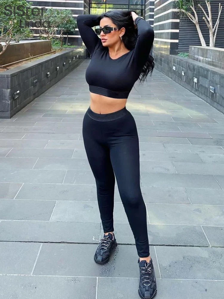 Sisterlinda Casual Sporty Women 2 pezzi Set tuta manica lunga Basic top + Leggings a cintura larga abbinati abiti Streetwear 2024